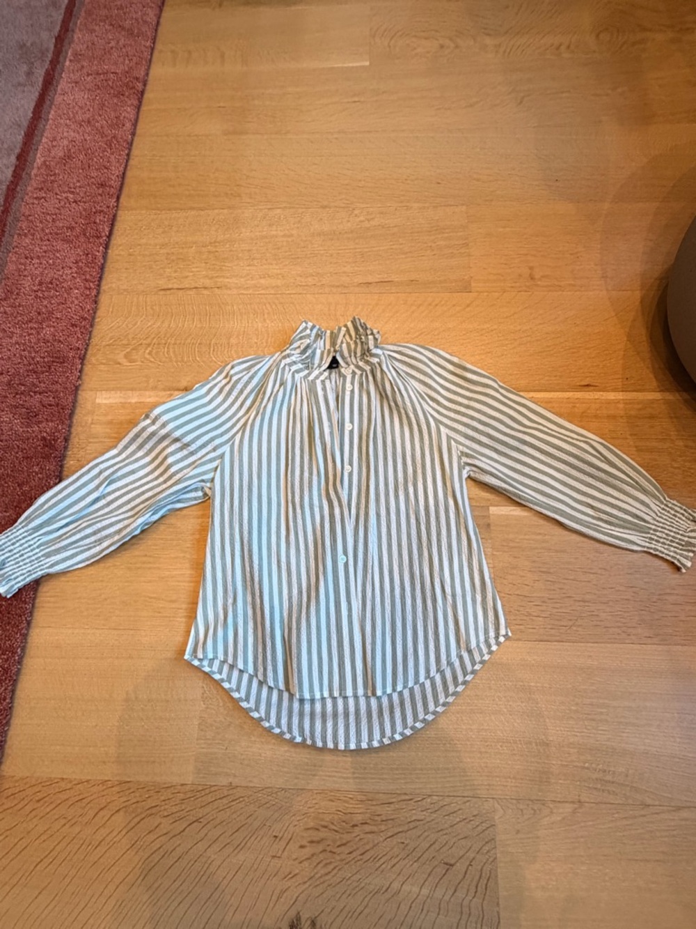 Veronica Beard Striped Ruffle Collar Blouse in Sage Green & White